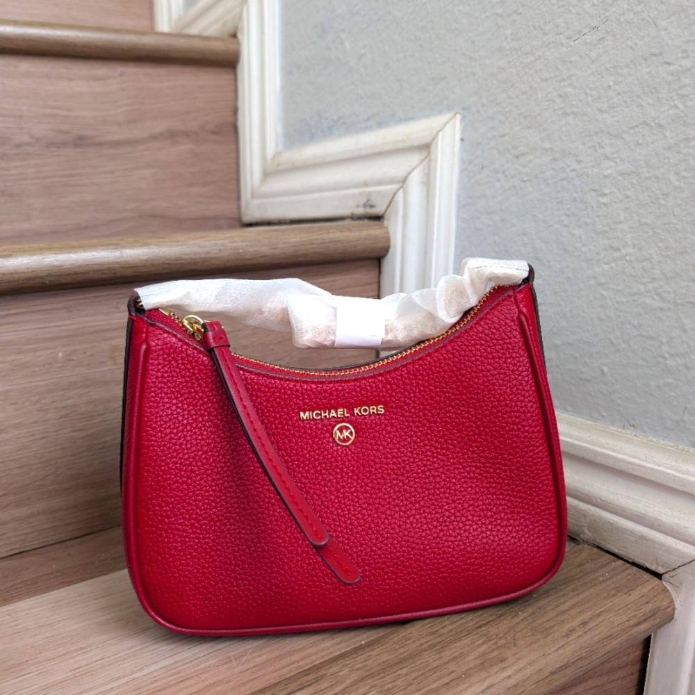 NWT Michael Kors Jet Set Charm Small Pebbled Leather Pochette In Deep Red